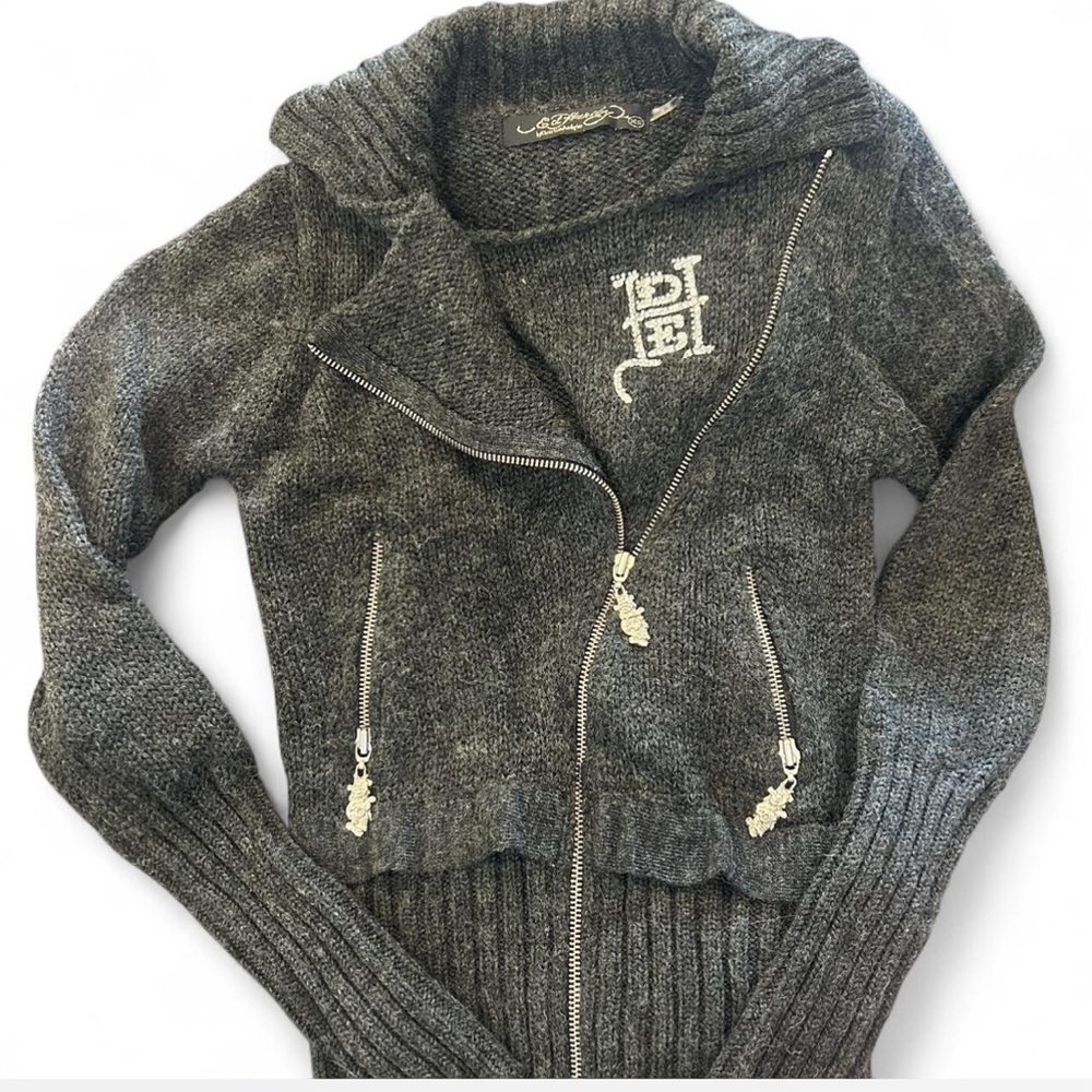 Vintage Ed Hardy Gray Cowl Neck Sweater with Zipper Details